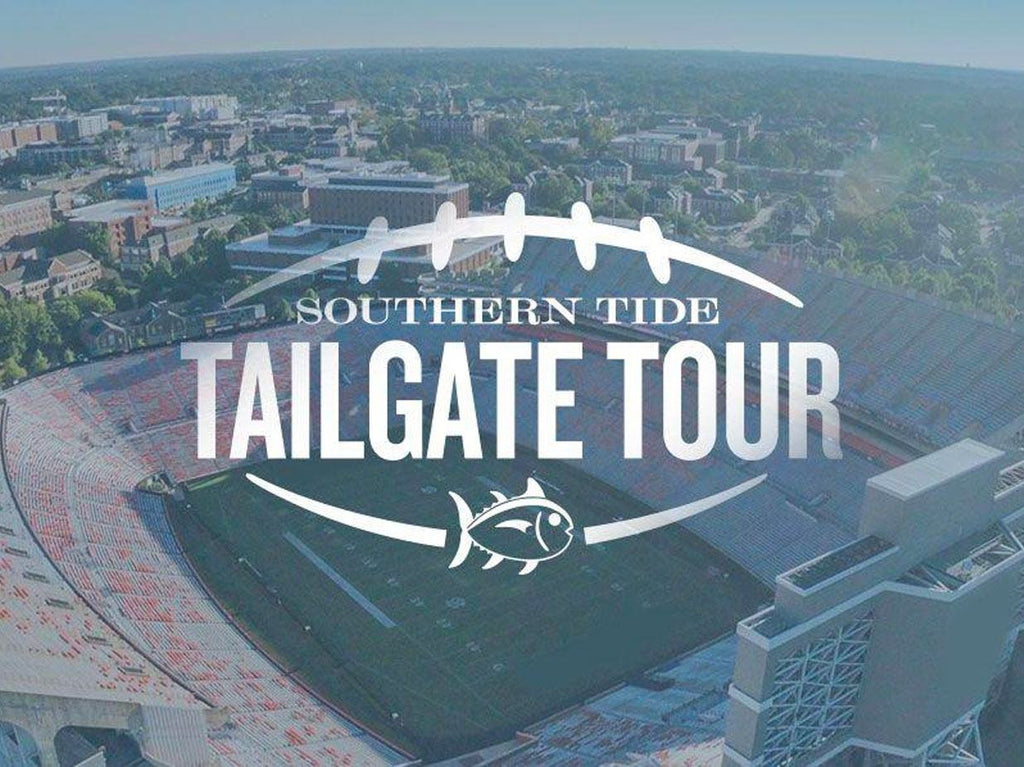Ariel photo of college football stadium with Tailgate Tour Logo.