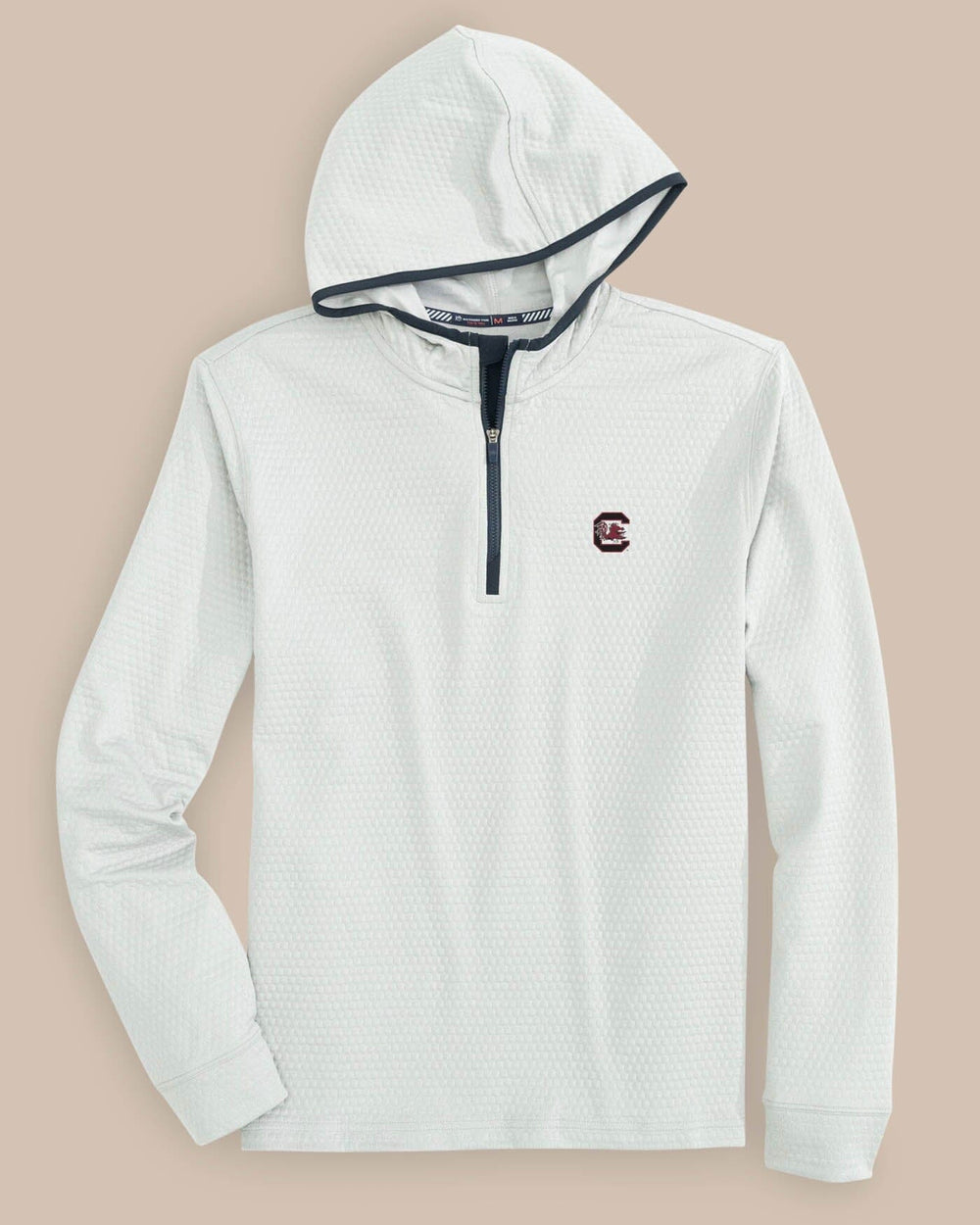 The front view of the South Carolina Gamecocks Scuttle Heather Performance Quarter Zip Hoodie by Southern Tide - Heather Slate Grey