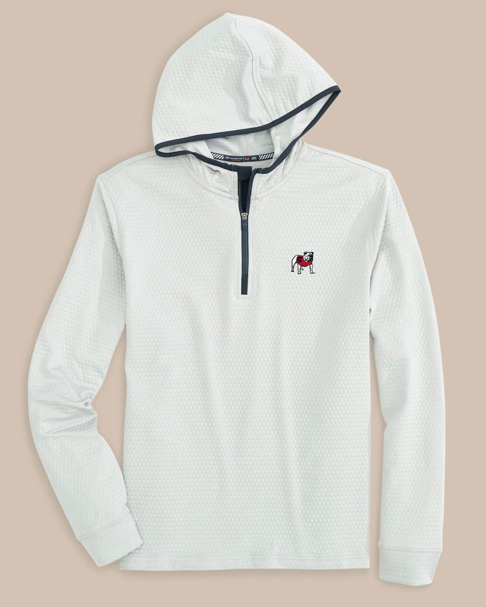 The front view of the Georgia Bulldogs Scuttle Heather Performance Quarter Zip Hoodie by Southern Tide - Heather Slate Grey