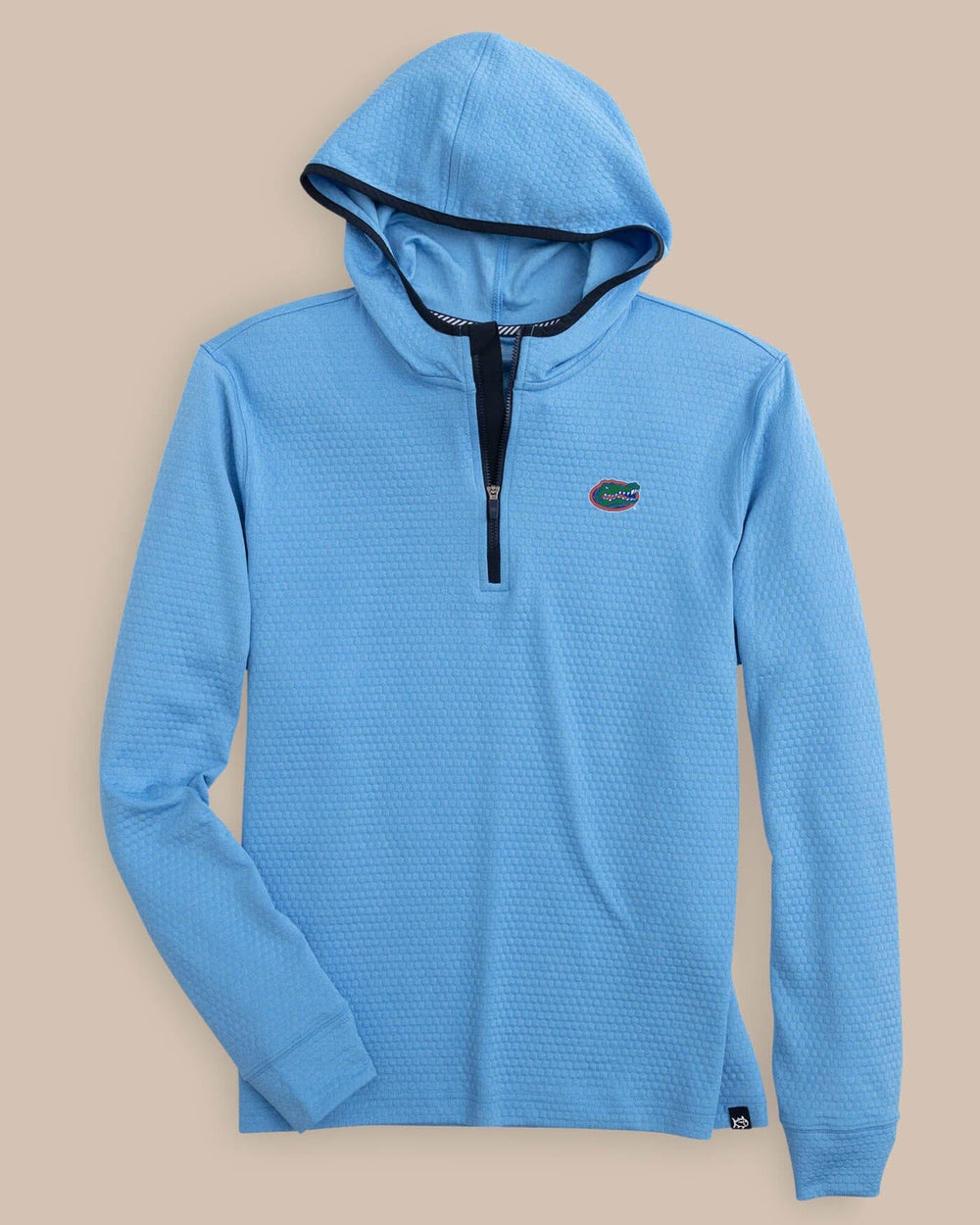 The front view of the Florida Gators Scuttle Heather Performance Quarter Zip Hoodie by Southern Tide - Heather Boat Blue