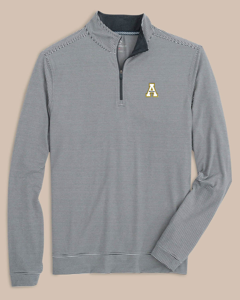 The front view of the App State Cruiser Micro-Stripe Heather Quarter Zip by Southern Tide - Heather Black