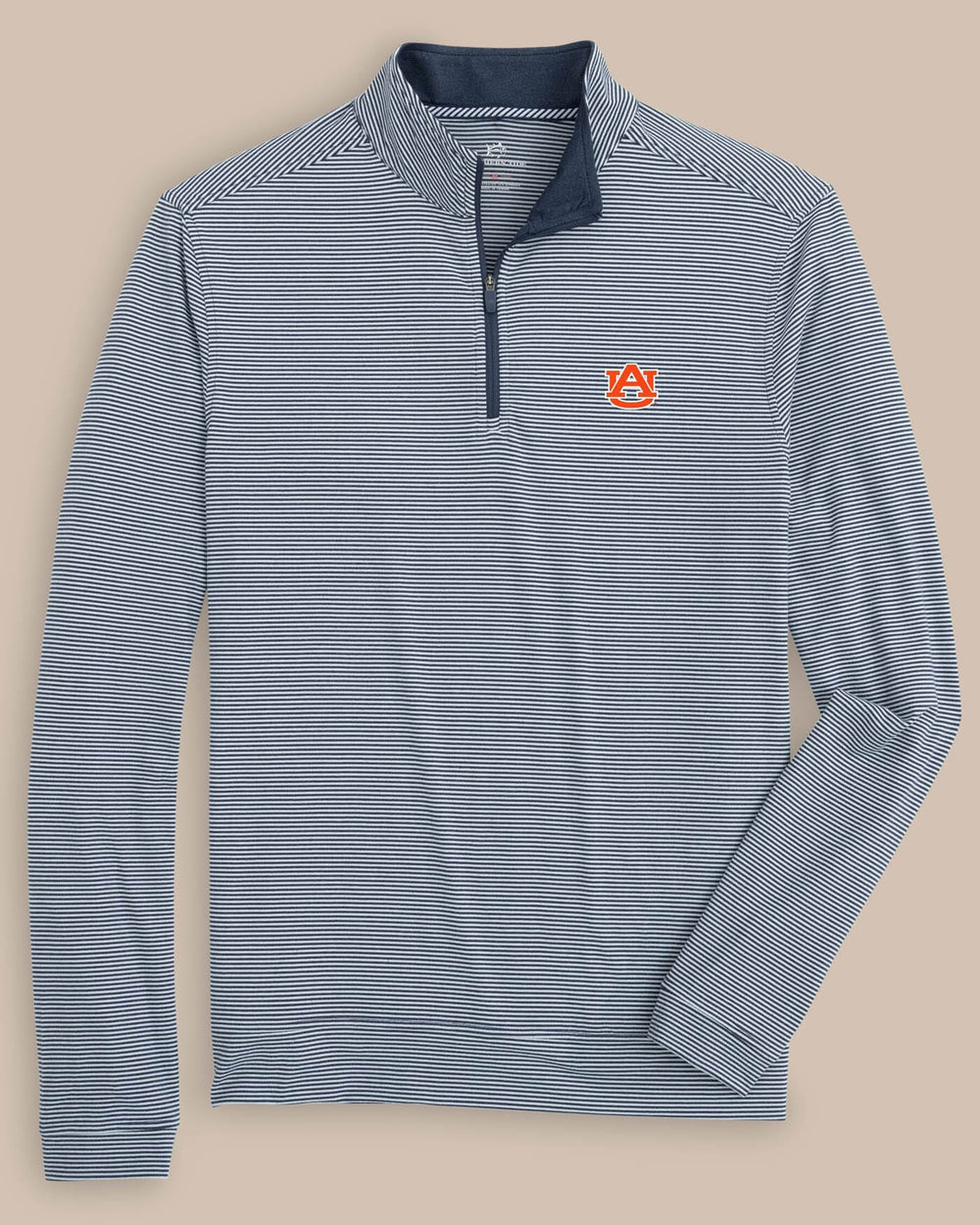 The front view of the Auburn Tigers Cruiser Micro-Stripe Heather Quarter Zip by Southern Tide - Heather Navy