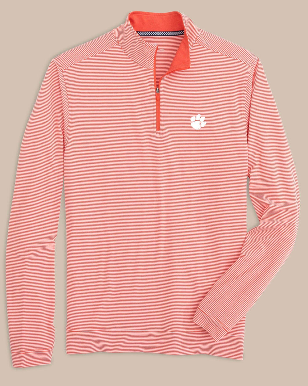 The front view of the Clemson Tigers Cruiser Micro-Stripe Heather Quarter Zip by Southern Tide - Heather Endzone Orange