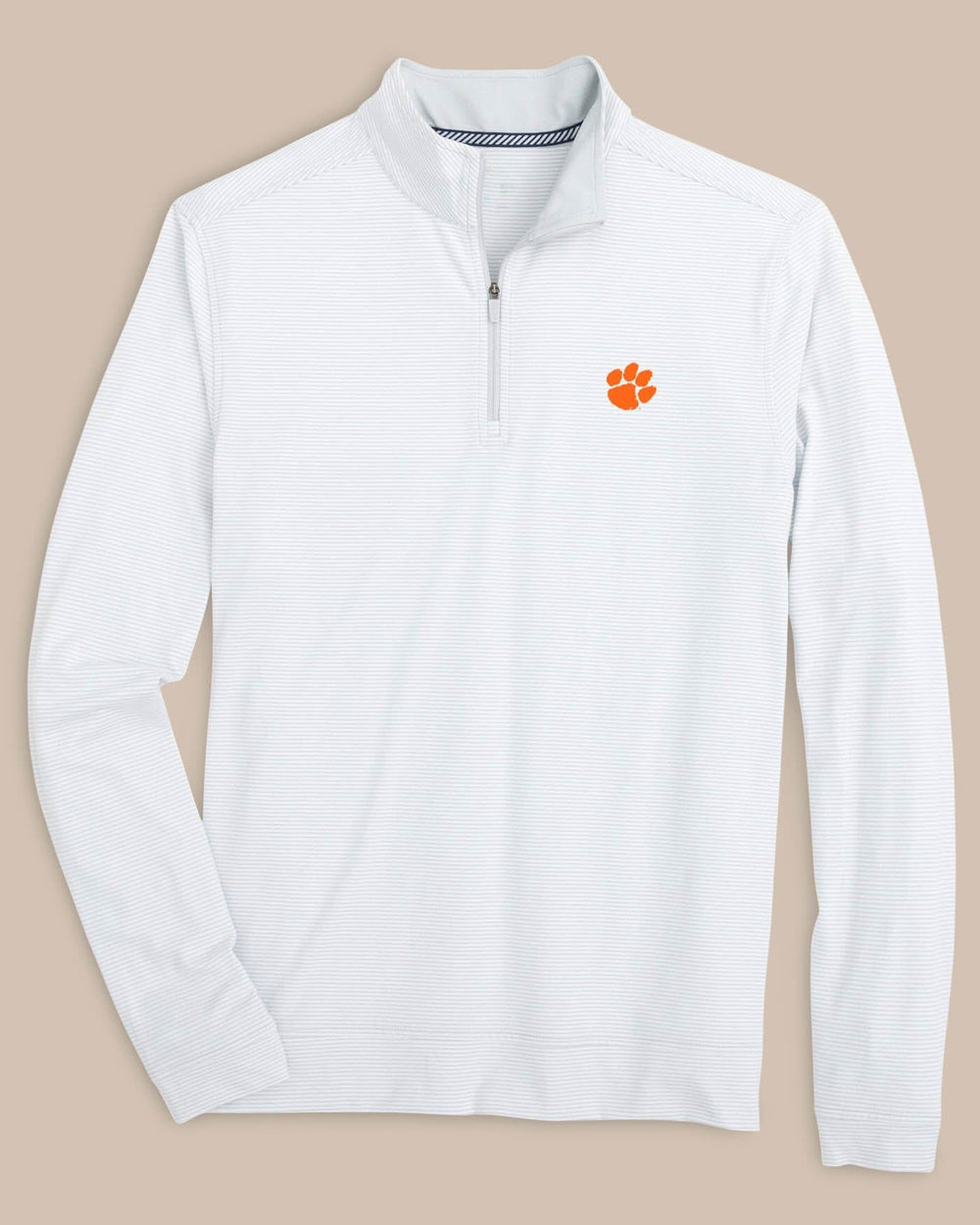 The front view of the Clemson Tigers Cruiser Micro-Stripe Heather Quarter Zip by Southern Tide - Heather Slate Grey
