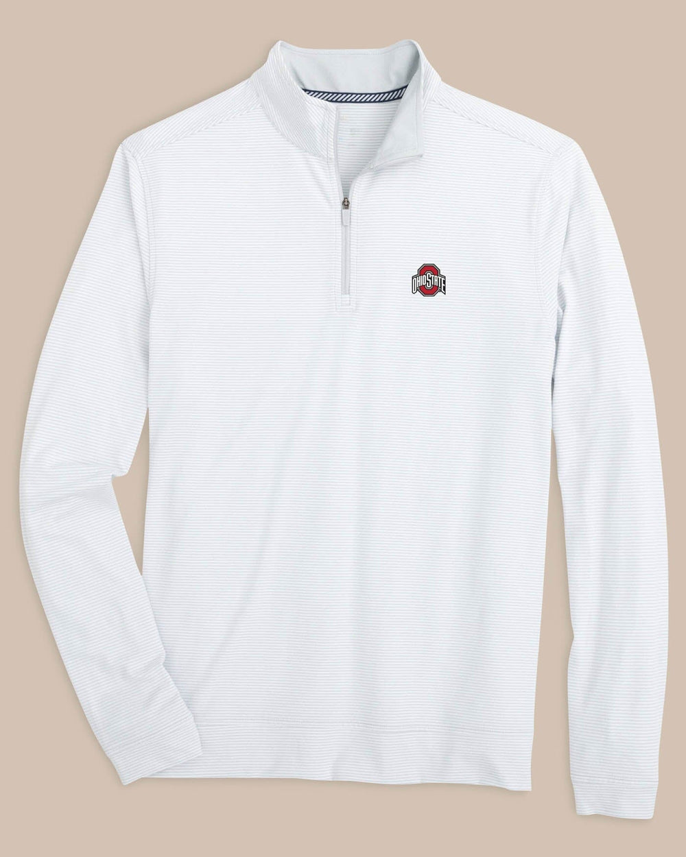 The front view of the Ohio State Buckeyes Cruiser Micro-Stripe Heather Quarter Zip by Southern Tide - Heather Slate Grey