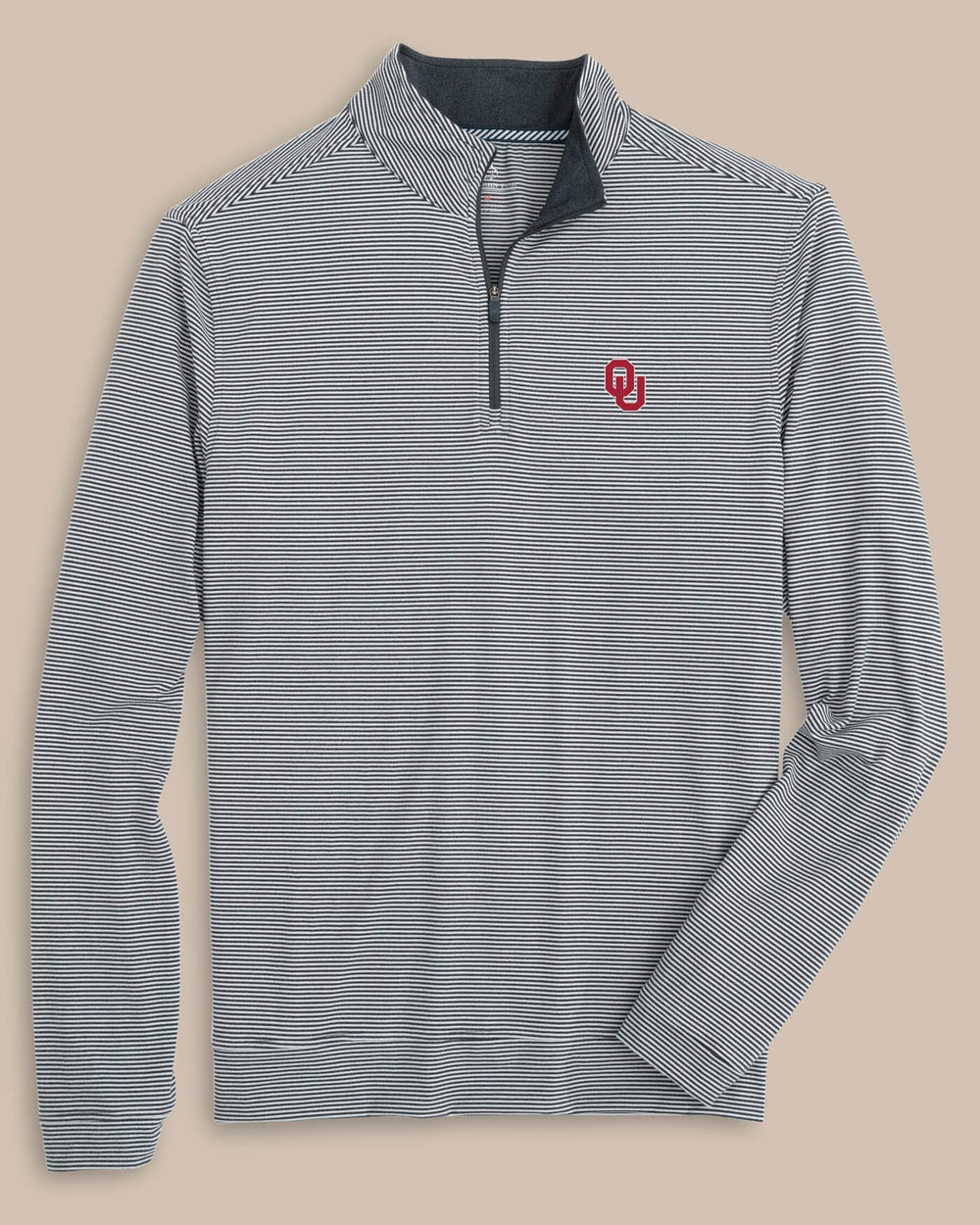The front view of the Oklahoma Sooners Cruiser Micro-Stripe Heather Quarter Zip by Southern Tide - Heather Black