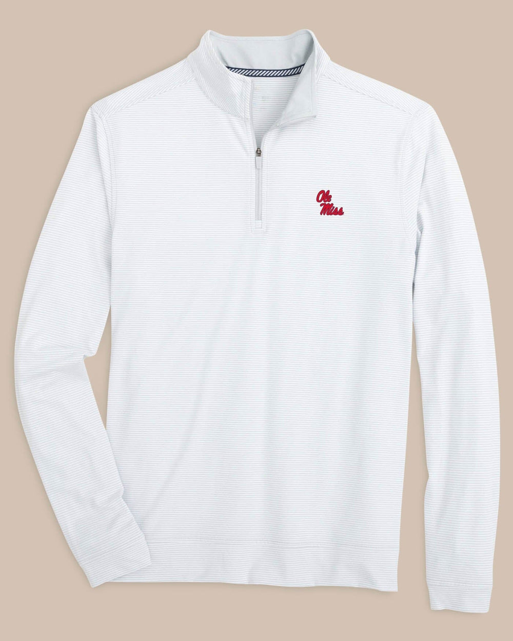 The front view of the Ole Miss Rebels Cruiser Micro-Stripe Heather Quarter Zip by Southern Tide - Heather Slate Grey