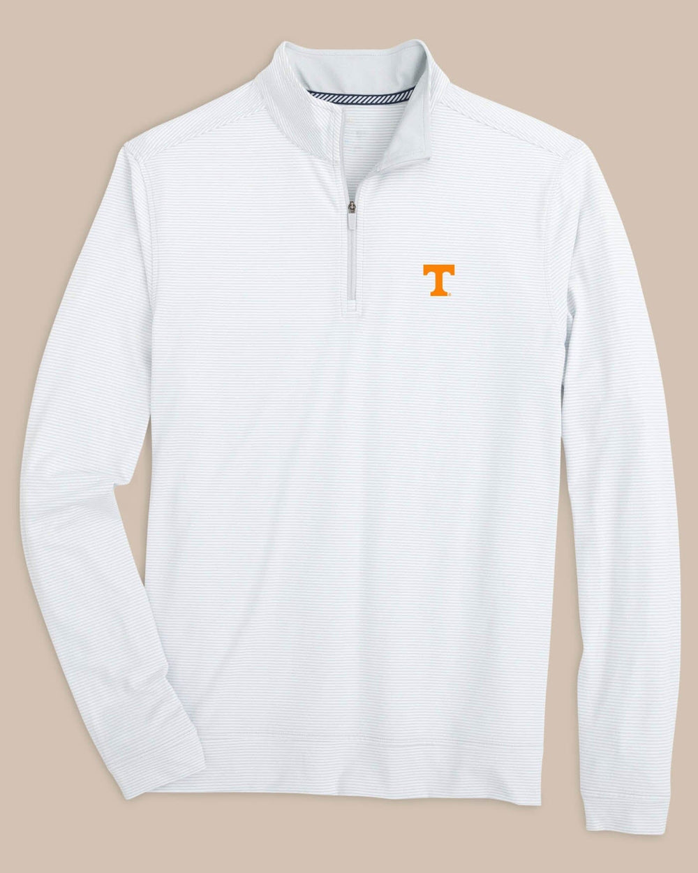 The front view of the Tennessee Vols Cruiser Micro-Stripe Heather Quarter Zip by Southern Tide - Heather Slate Grey