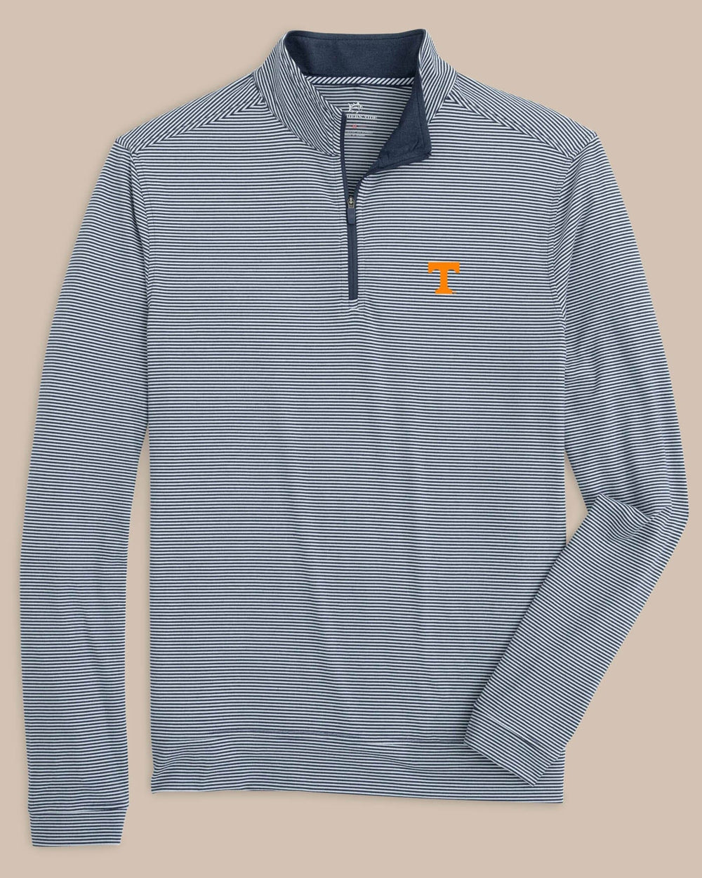The front view of the Tennessee Vols Cruiser Micro-Stripe Heather Quarter Zip by Southern Tide - Heather Navy