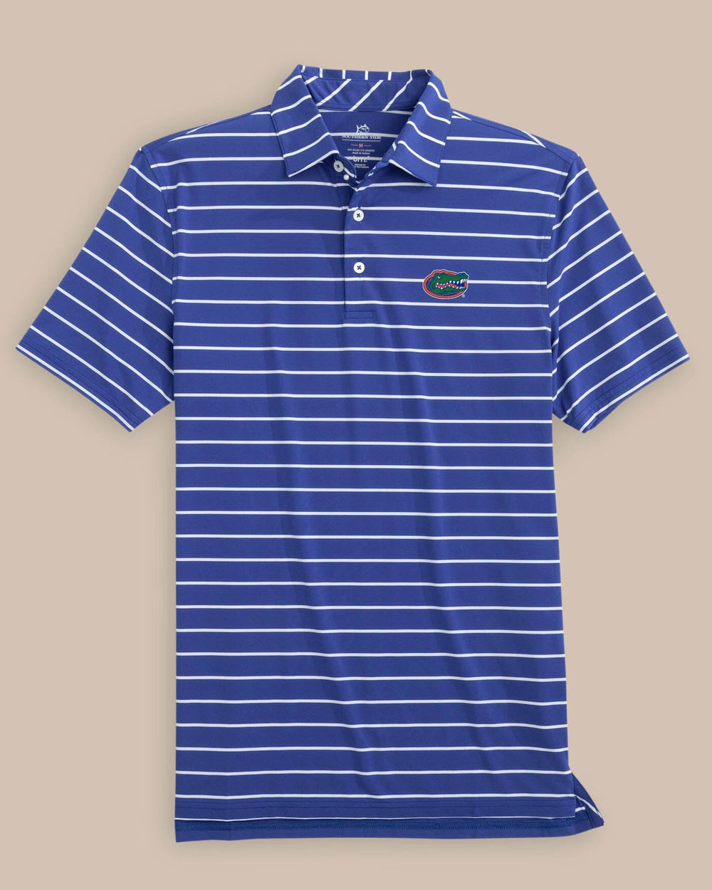 The front view of the Florida Gators Brreeze Desmond Stripe Performance Polo by Southern Tide - University Blue