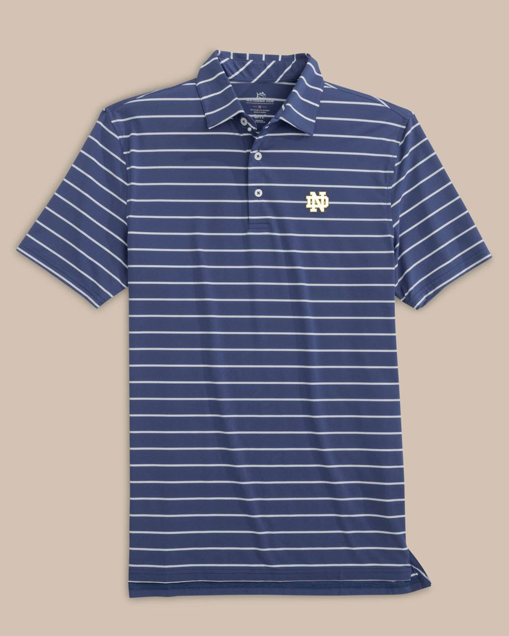 The front view of the Notre Dame Fighting Irish Brreeze Desmond Stripe Performance Polo by Southern Tide - Navy