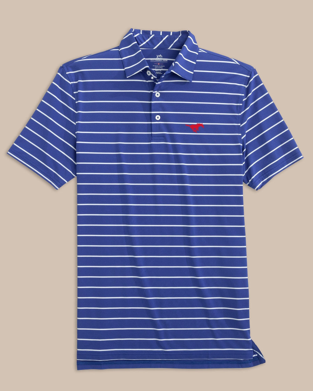 The front view of the SMU Mustangs Brreeze Desmond Stripe Performance Polo by Southern Tide - University Blue