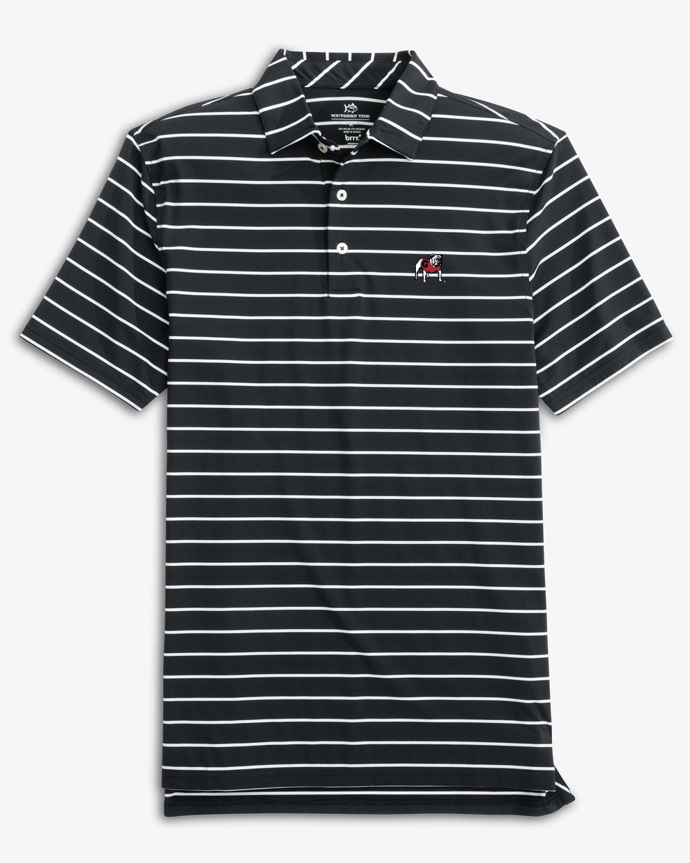 The front view of the Georgia Bulldogs brrr°®-eeze Desmond Stripe Performance Polo by Southern Tide - Black