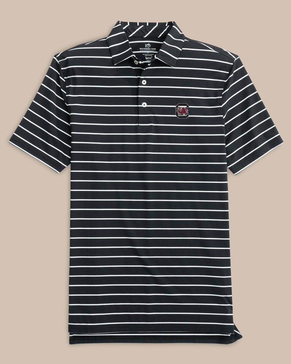 The front view of the USC Gamecocks Brreeze Desmond Stripe Performance Polo by Southern Tide - Black