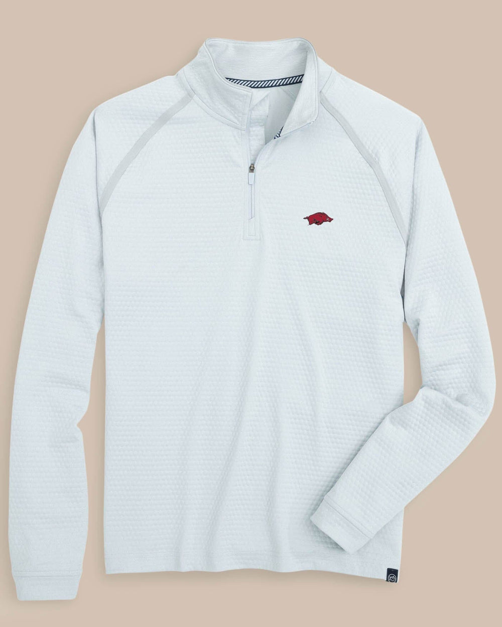 The front view of the Arkansas Razorbacks Scuttle Heather Quarter Zip by Southern Tide - Heather Slate Grey