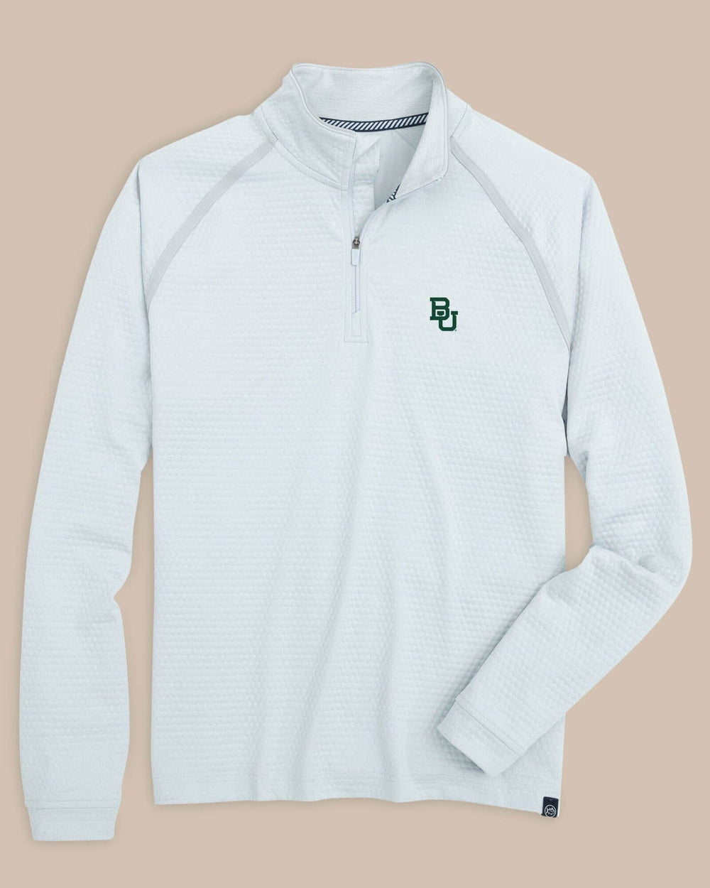 The front view of the Baylor Bears Scuttle Heather Quarter Zip by Southern Tide - Heather Slate Grey