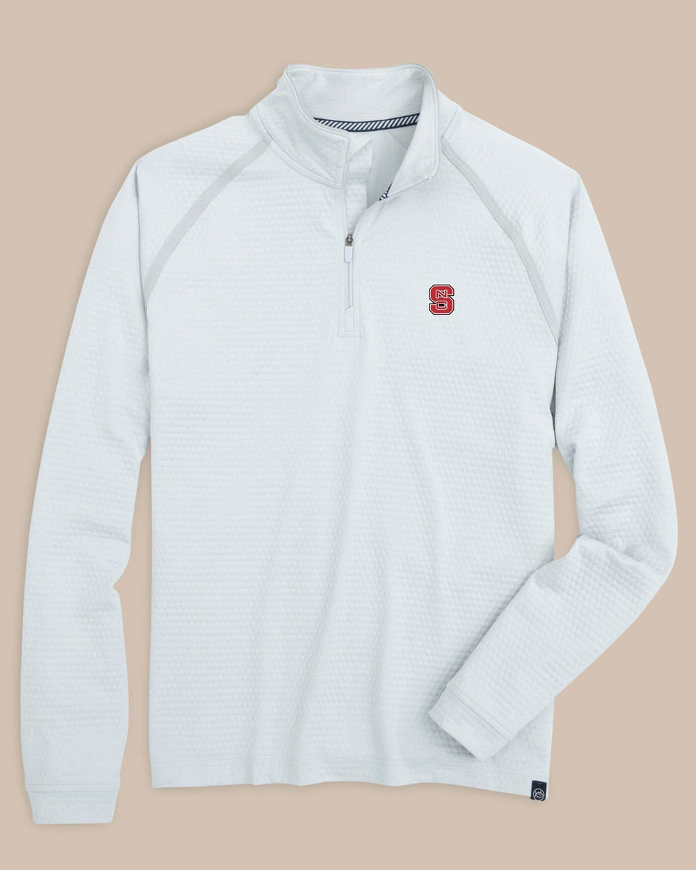 The front view of the NC State Wolfpack Scuttle Heather Quarter Zip by Southern Tide - Heather Slate Grey