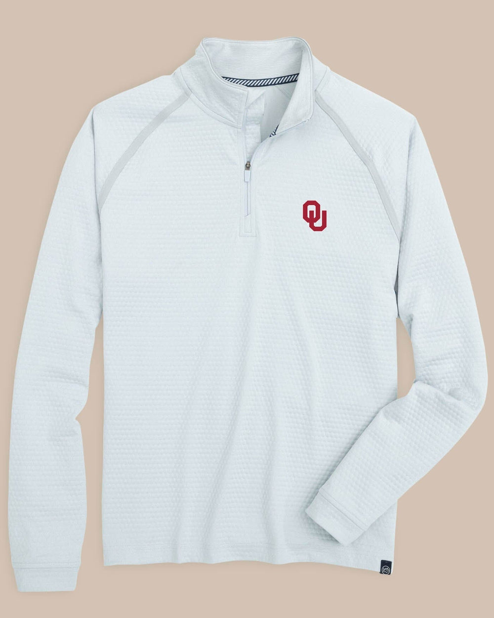 The front view of the Oklahoma Sooners Scuttle Heather Quarter Zip by Southern Tide - Heather Slate Grey