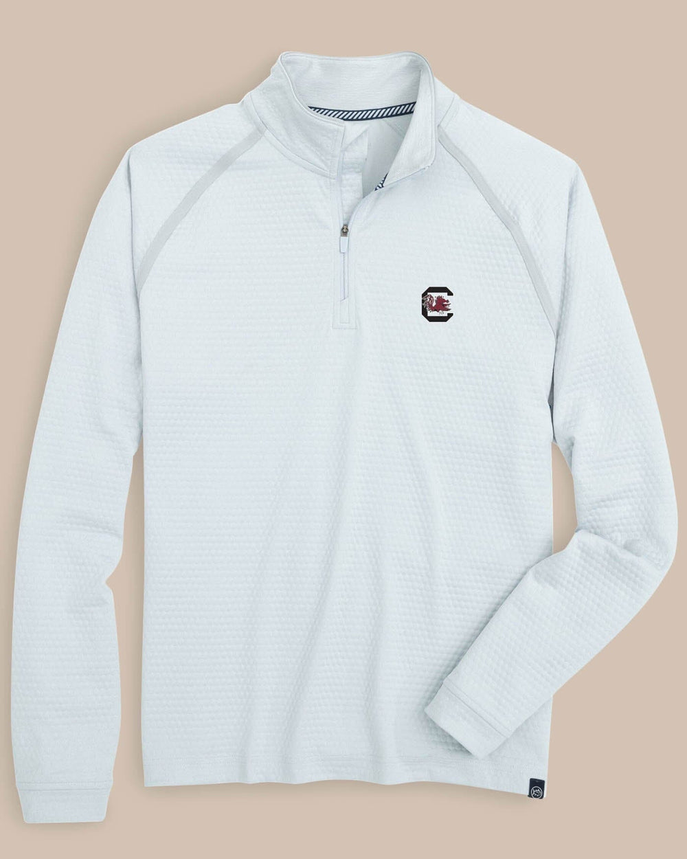 The front view of the USC Gamecocks Scuttle Heather Quarter Zip by Southern Tide - Heather Slate Grey