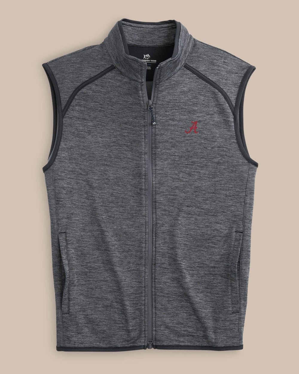 The front view of the Alabama Crimson Tide Baybrook Heather Vest by Southern Tide - Heather Black