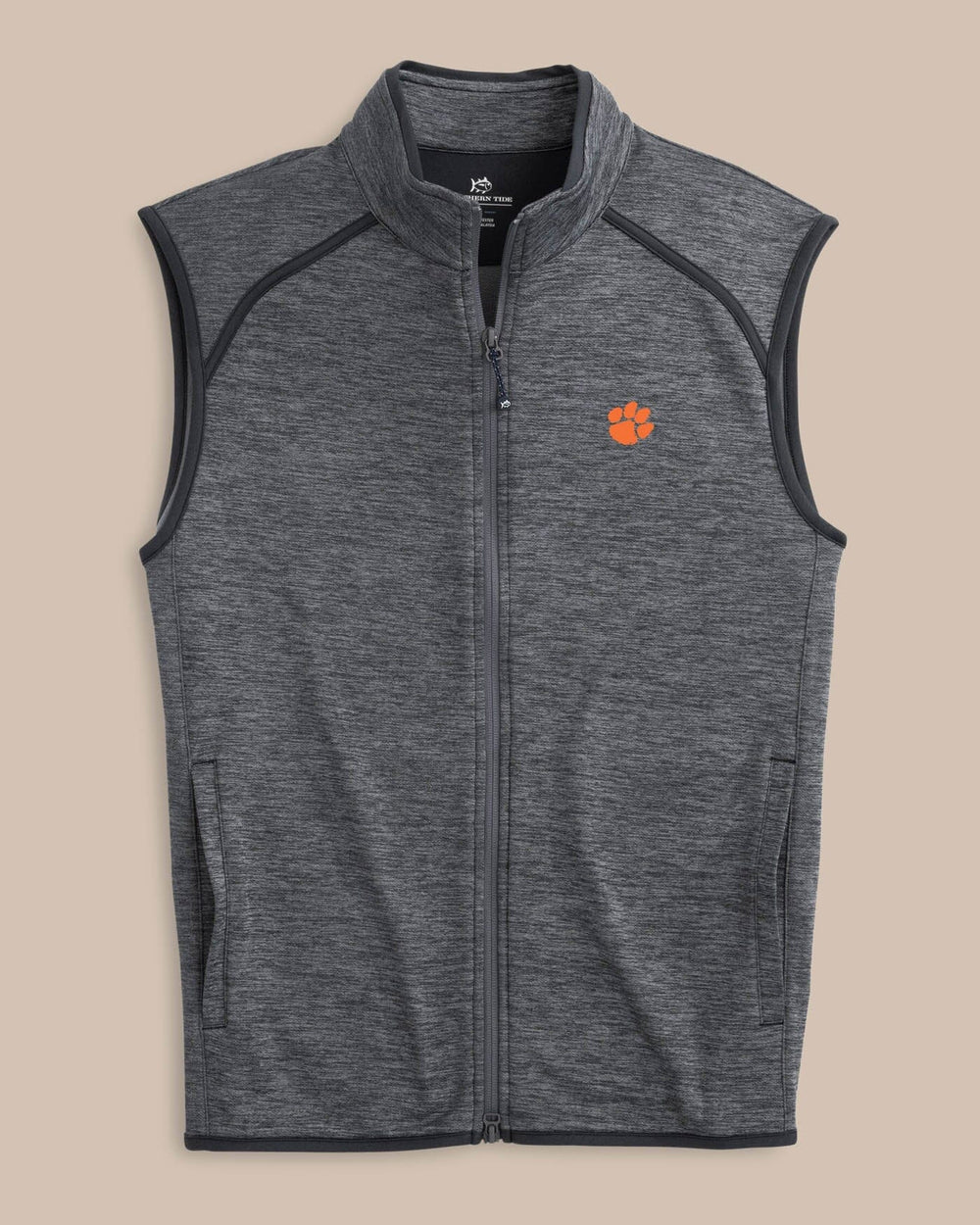 The front view of the Clemson Tigers Baybrook Heather Vest by Southern Tide - Heather Black