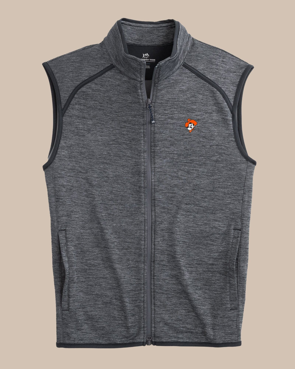 The front view of the Oklahoma State Cowboys Baybrook Heather Vest by Southern Tide - Heather Black