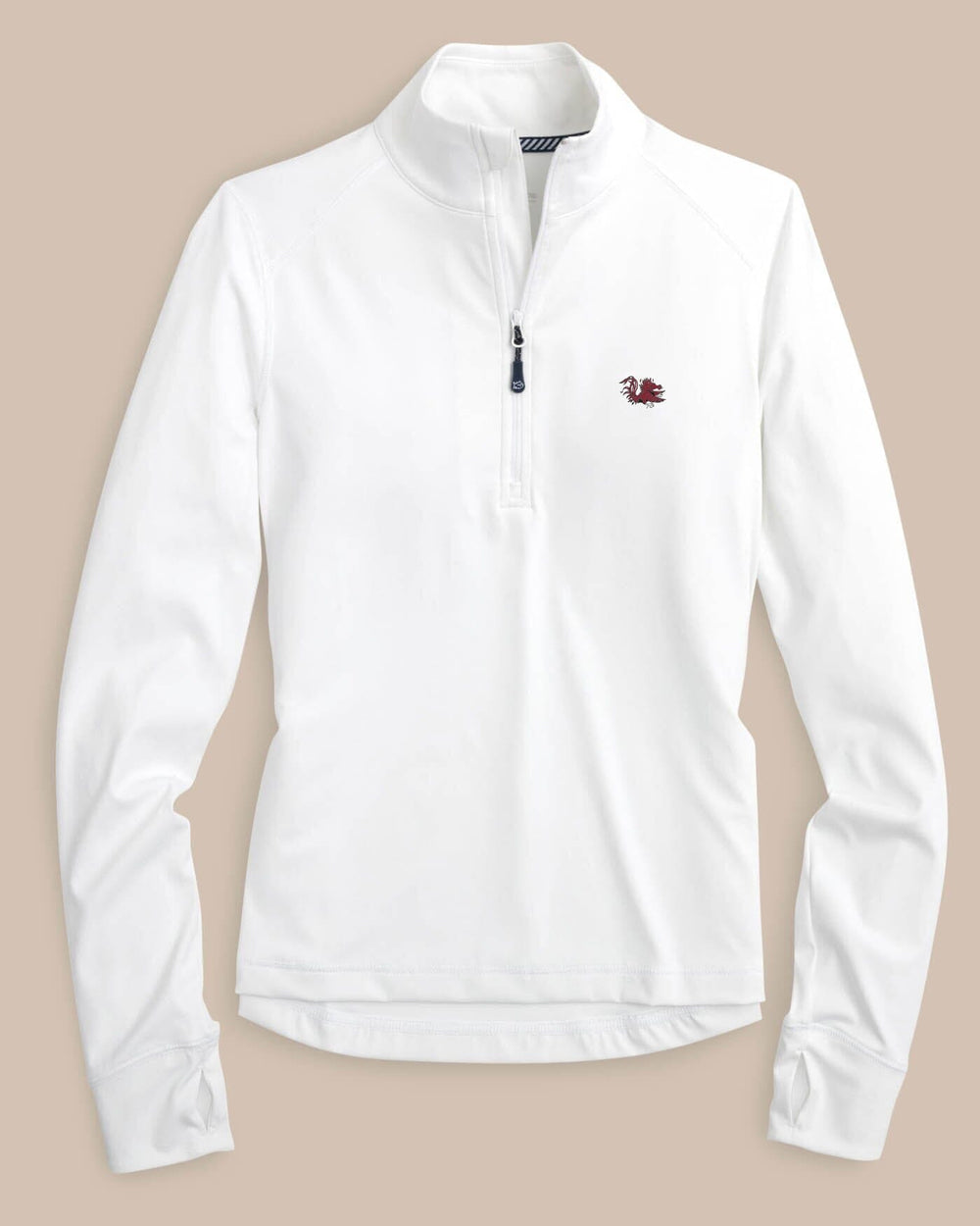 The front view of the South Carolina Gamecocks Runaround Quarter Zip Pull Over by Southern Tide - Classic White