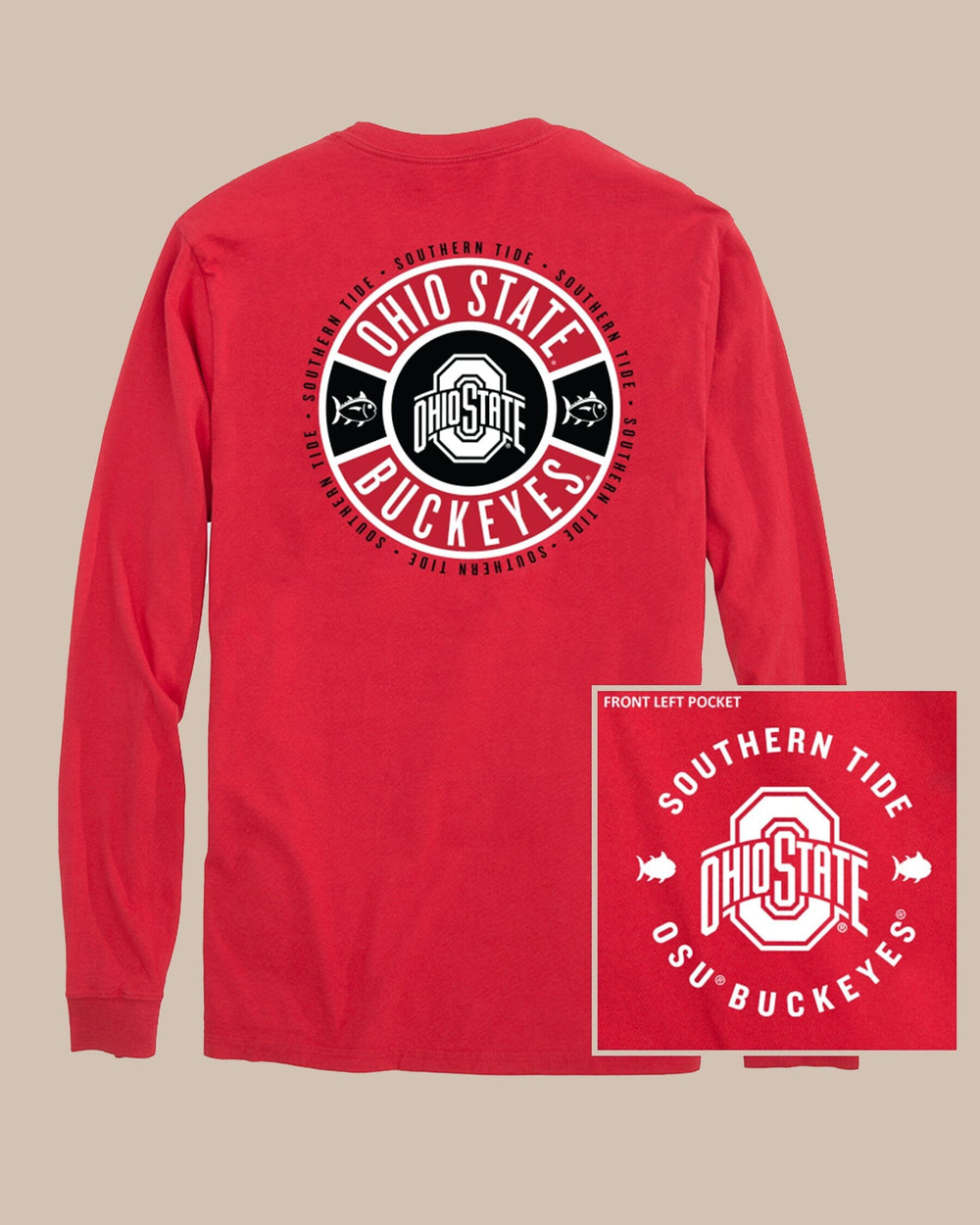 The front view of the Southern Tide Ohio State Buckeyes Ring Badge T-Shirt by Southern Tide - Varsity Red