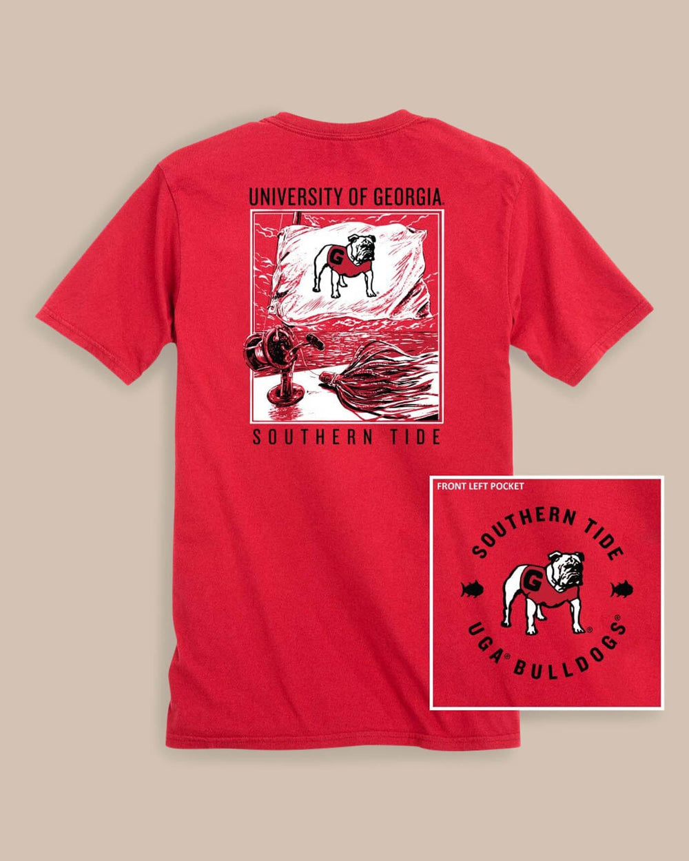The Front view of the Georgia Bulldogs Fishing Flag T-Shirt by Southern Tide - Varsity Red
