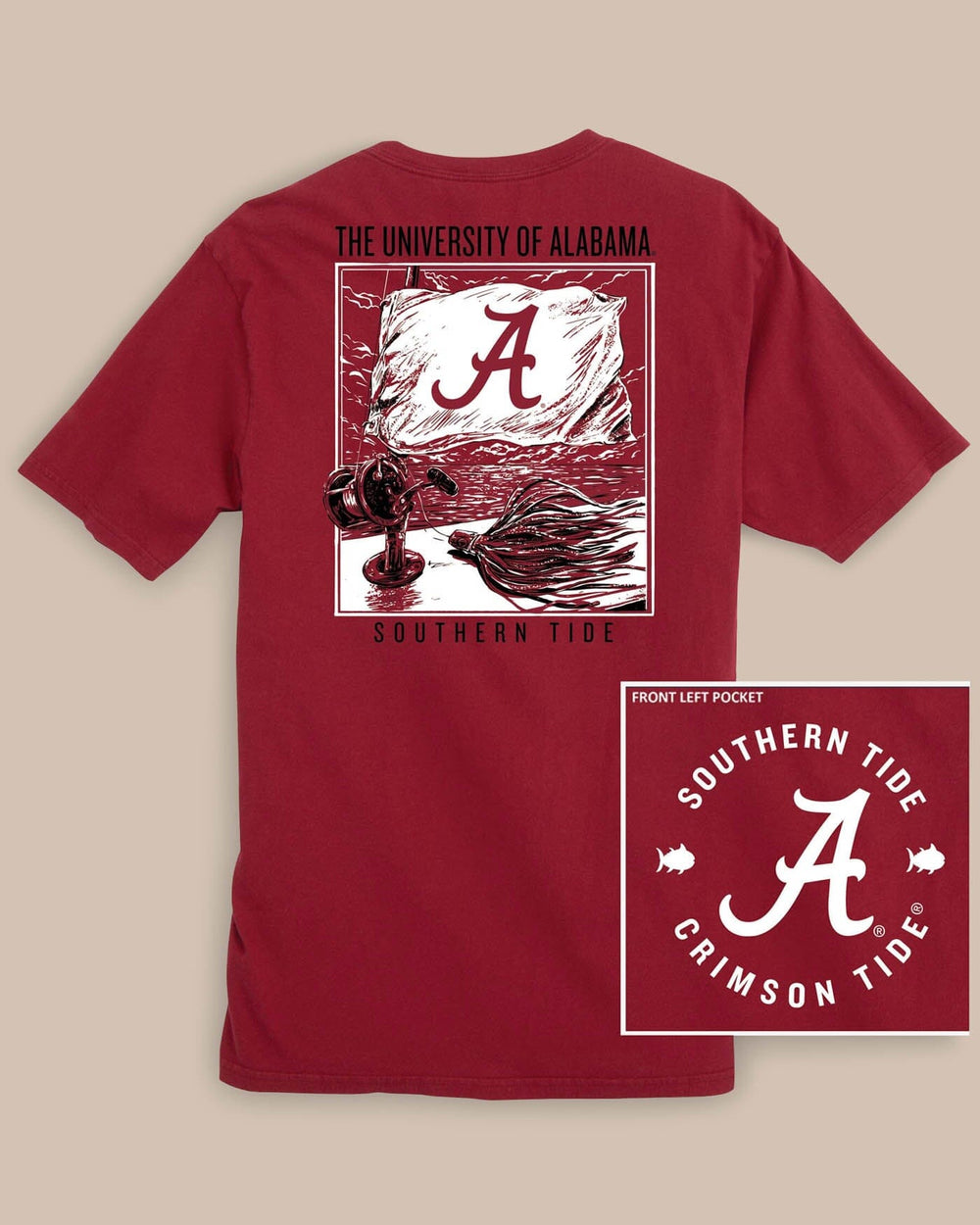 The front view of the Alabama Crimson Tide Fishing Flag T-Shirt by Southern Tide - Crimson