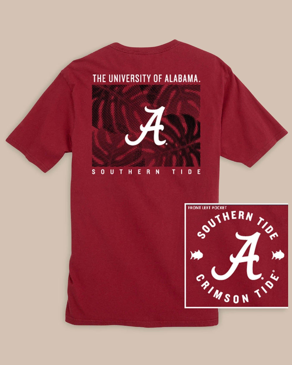The front view of the Alabama Crimson Tide Halftone Monstera T-Shirt by Southern Tide - Crimson