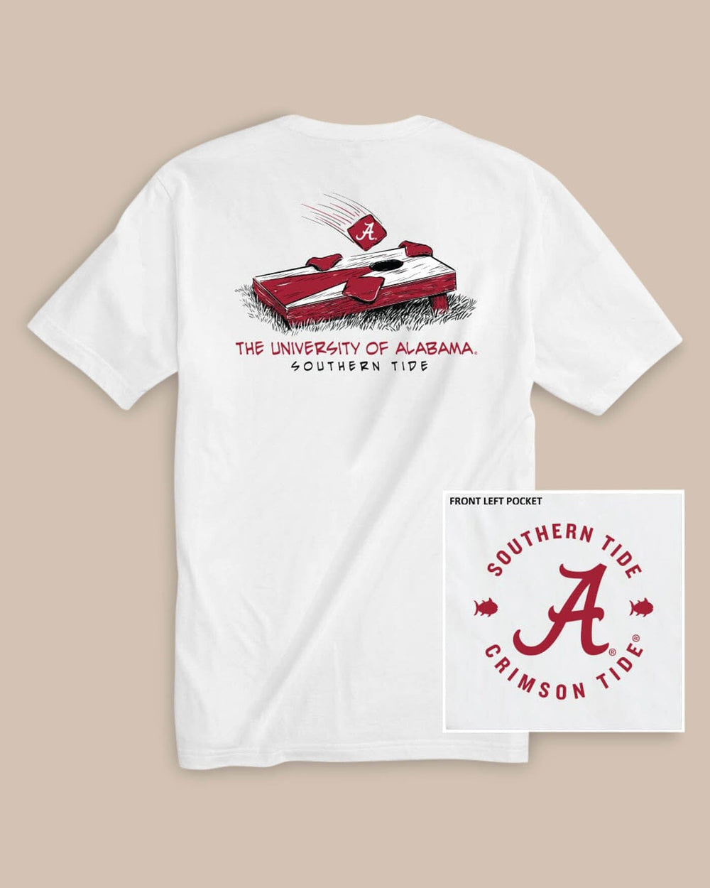 The front view of the Alabama Crimson Tide Cornhole T-Shirt by Southern Tide - Classic White