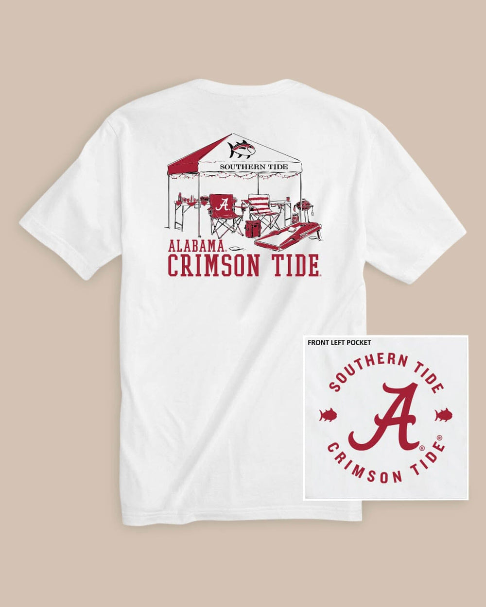 The front view of the Alabama Crimson Tide Tailgate Time T-Shirt by Southern Tide - Classic White