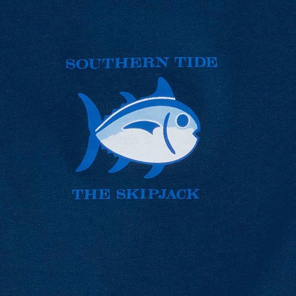 The detail of the Men's Navy Long Sleeve Original Skipjack T-shirt by Southern Tide - Yacht Blue