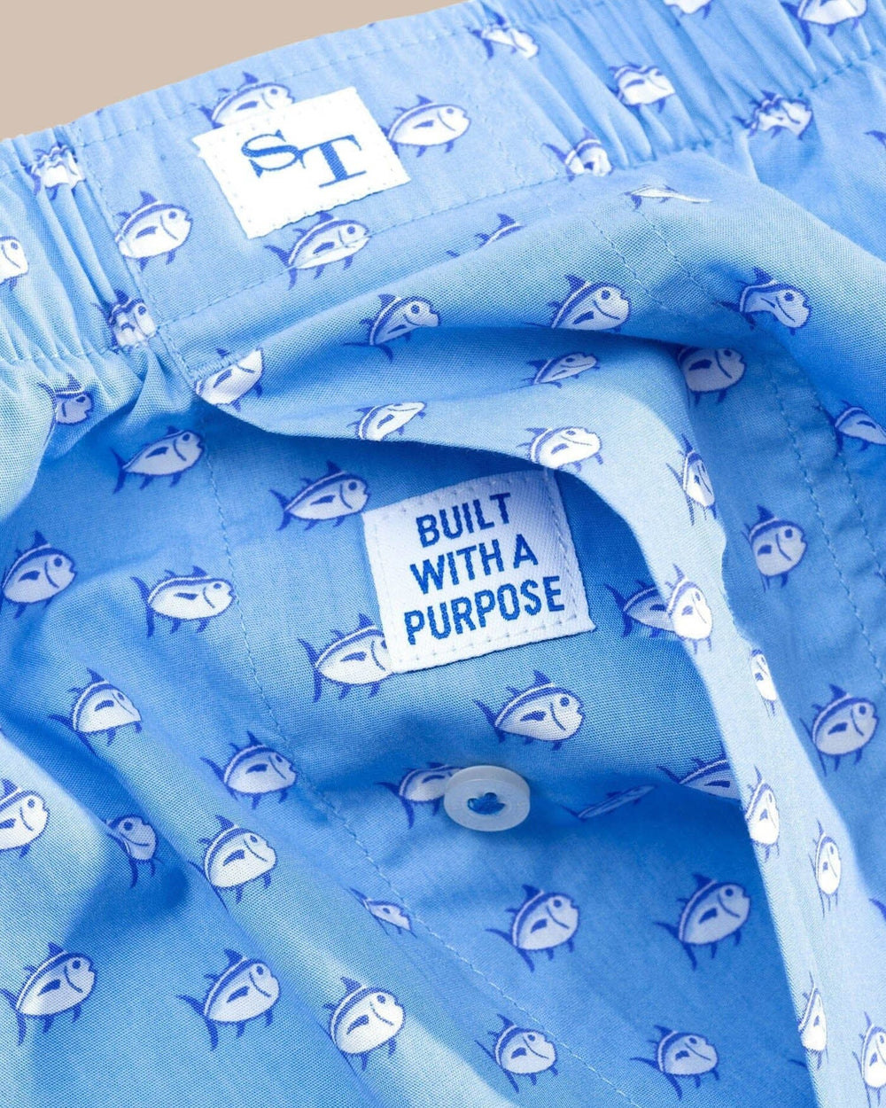 The fly of the Men's Blue Skipjack Boxer Shorts by Southern Tide - Ocean Channel