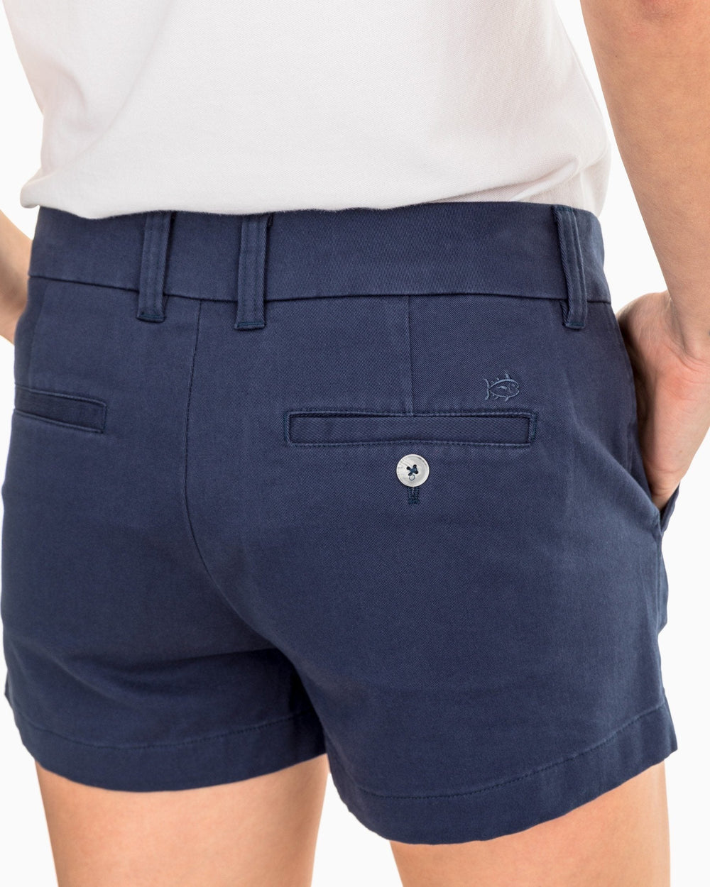 The pocket view of the Women's Navy 3" Leah Shorts by Southern Tide - Nautical Navy