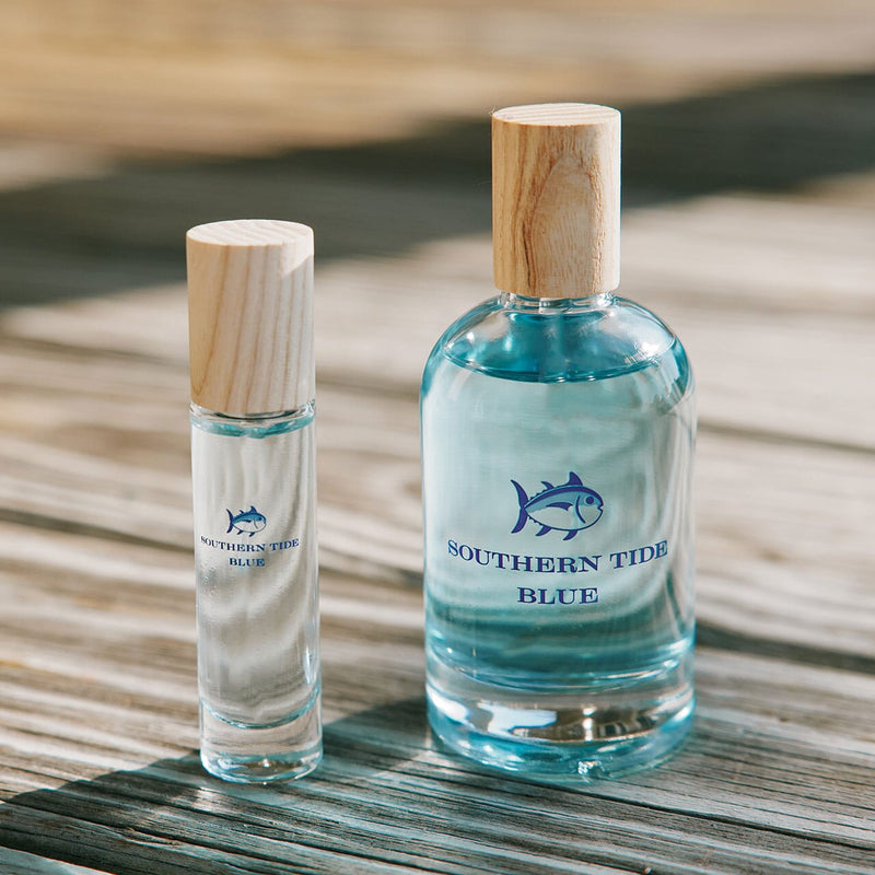 a blue bottle of cologne