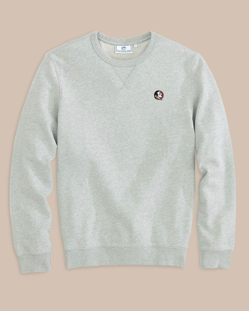The front view of the FSU Upper Deck Pullover Sweatshirt by Southern Tide - Heather Slate Grey