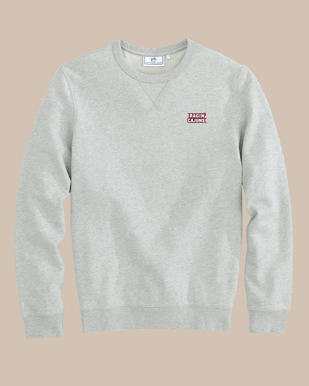 The front view of the University of Louisiana-Lafayette Upper Deck Pullover Sweatshirt by Southern Tide - Heather Slate Grey