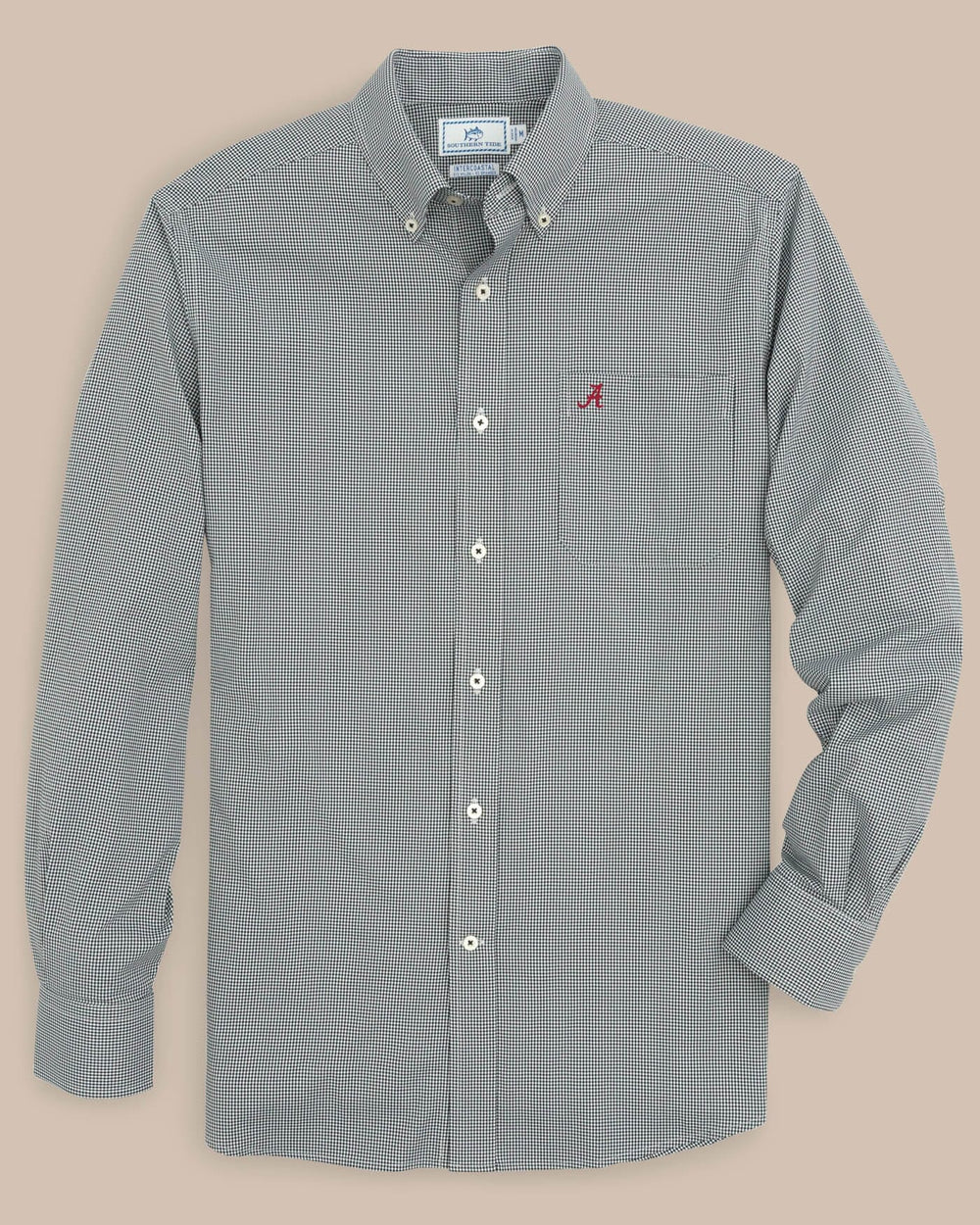The front view of the Alabama Crimson Tide Gingham Button Down Shirt  by Southern Tide - Black