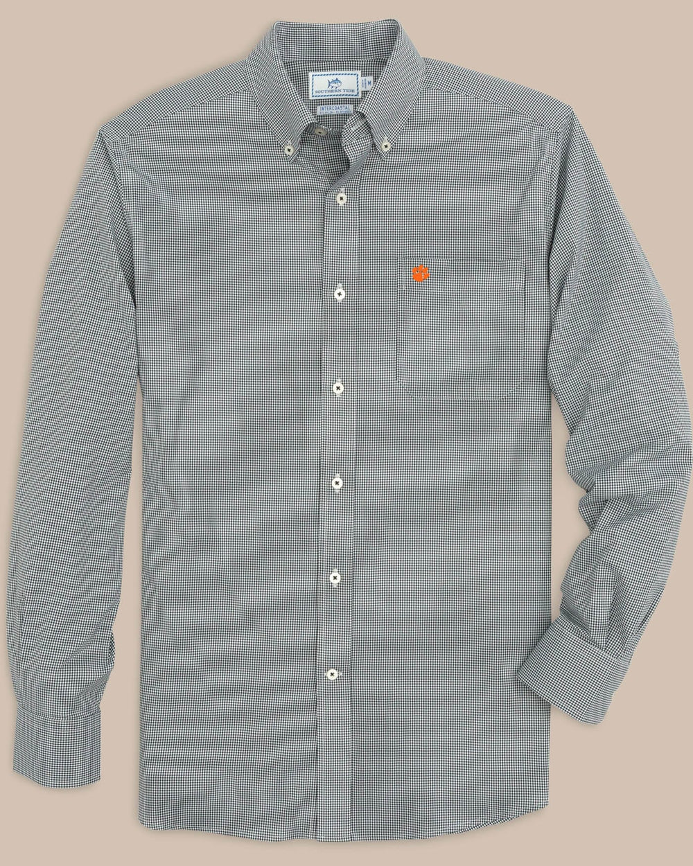 The front view of the Clemson Tigers Gingham Button Down Shirt by Southern Tide - Black