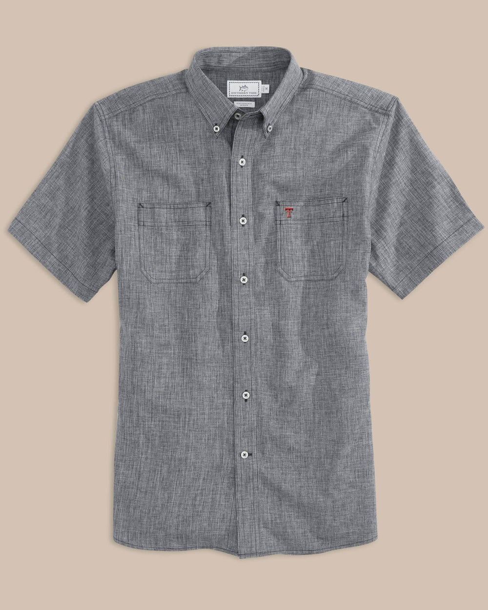 The front view of the Texas Tech Red Raiders Short Sleeve Button Down Dock Shirt by Southern Tide - Polarized Grey