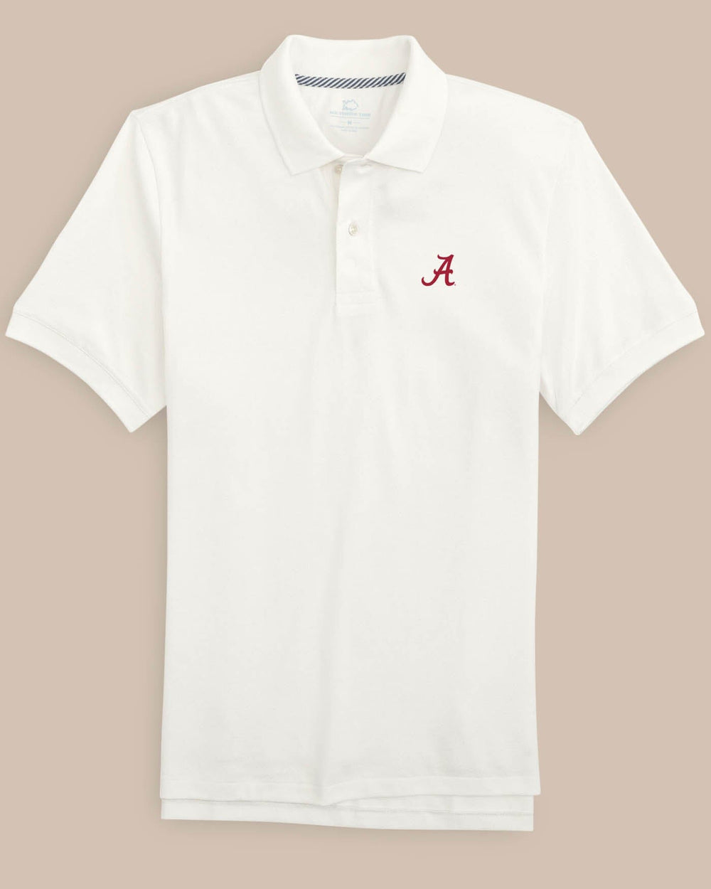 The front of the Alabama Crimson Tide New Short Sleeve Skipjack Polo by Southern Tide - Classic White