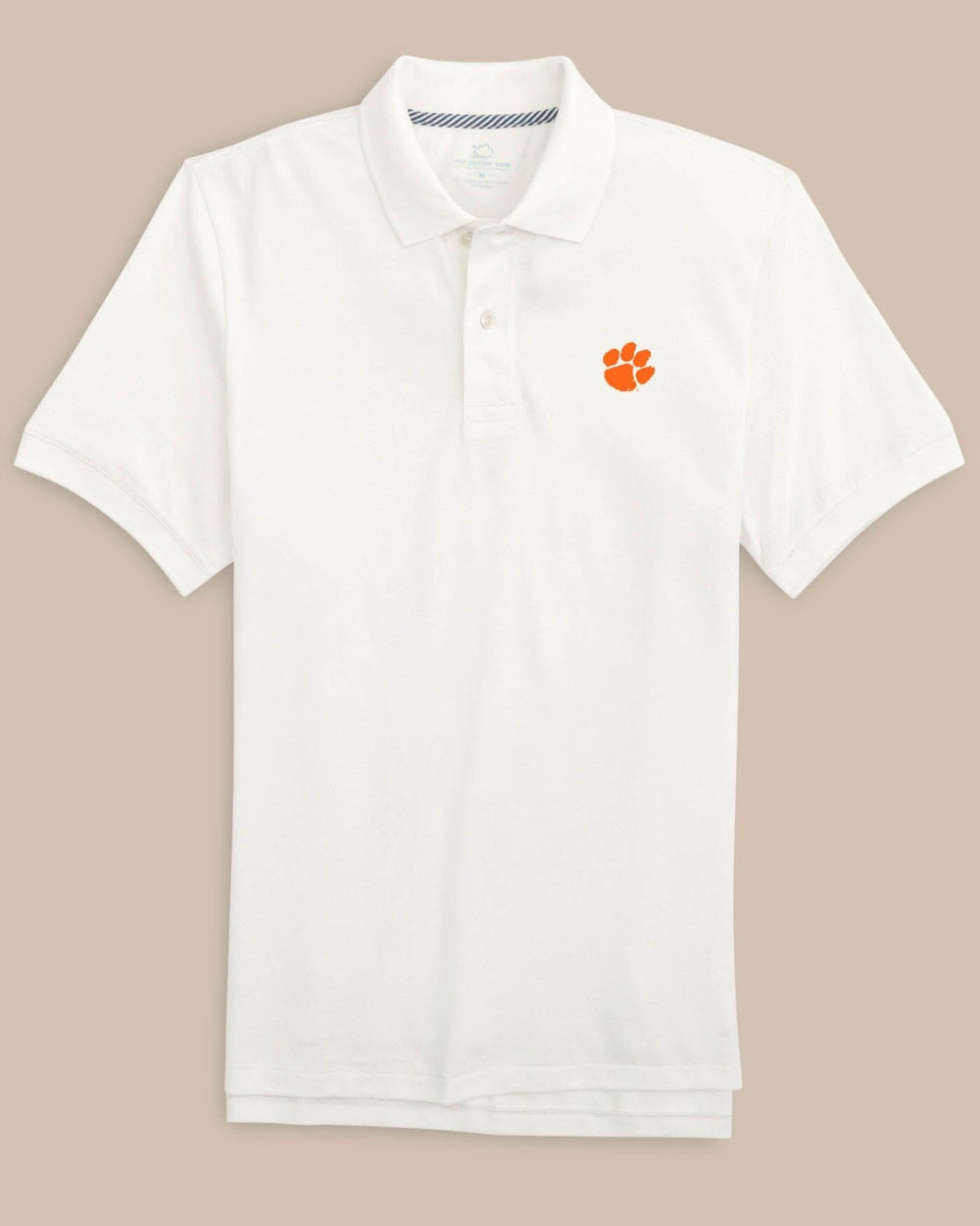The front view of Clemson Tigers Skipjack Polo by Southern Tide - Classic White
