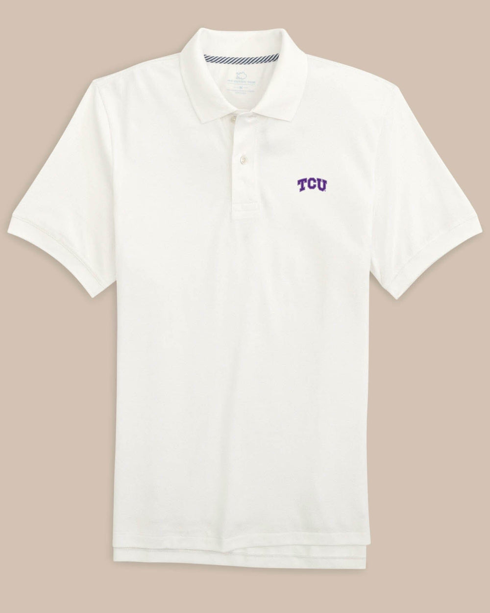The front view of the Texas Christian Horned Frogs Skipjack Polo by Southern Tide - Classic White