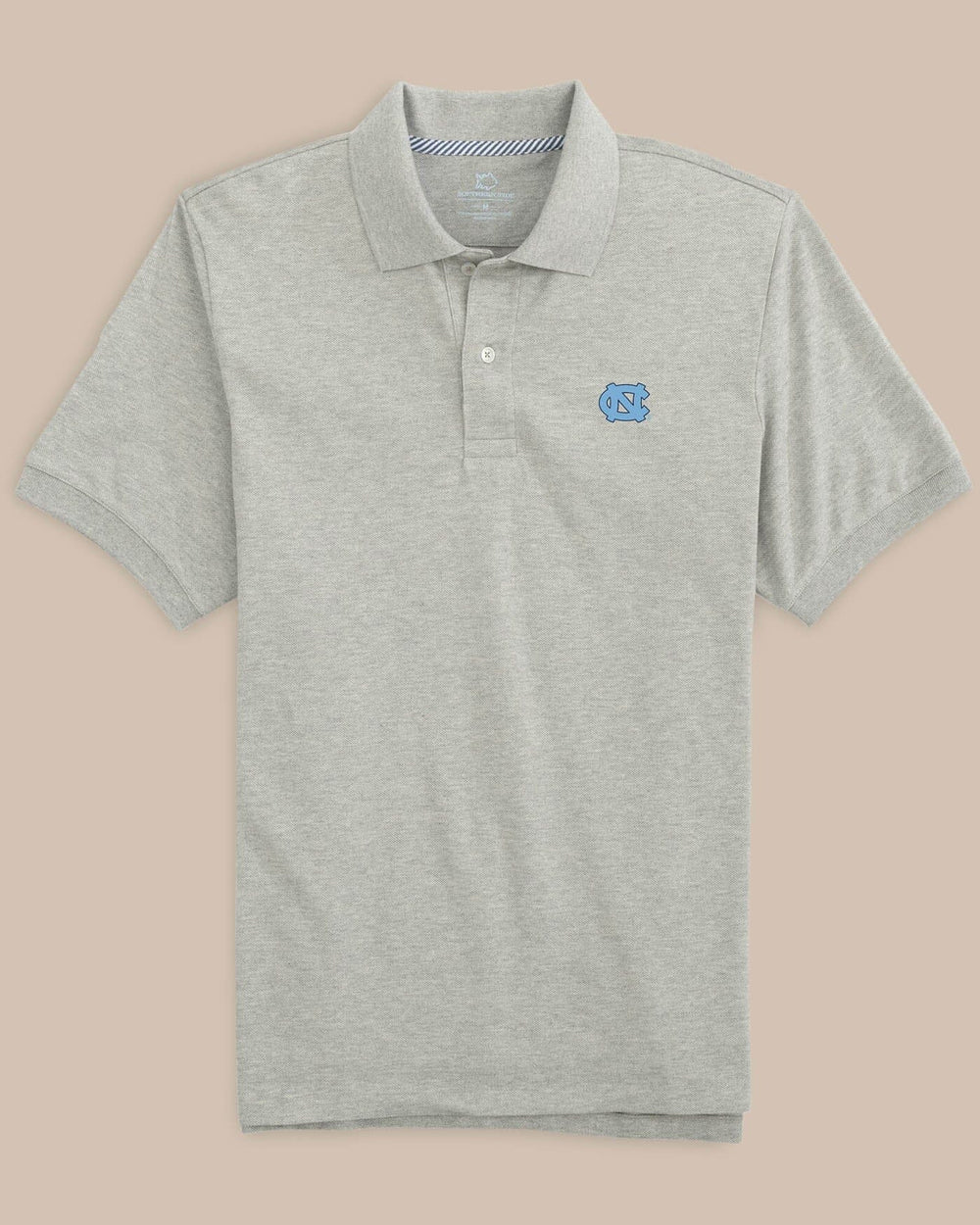 The front view of the UNC Tar Heels Men's New Short Sleeve Skipjack Polo by Southern Tide - Heather Grey