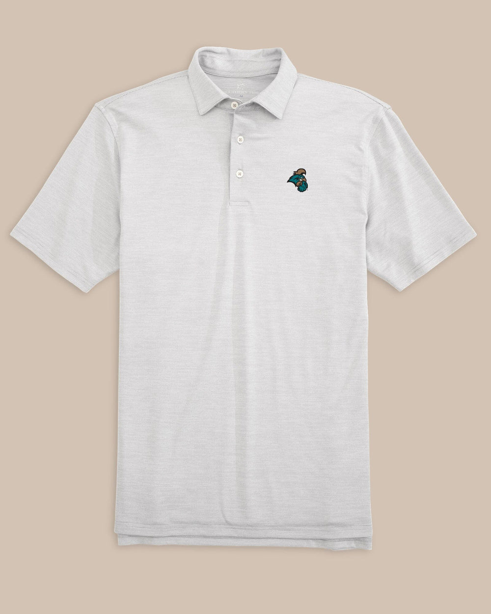 The front view of the Coastal Carolina Chanticleers Driver Spacedye Polo Shirt by Southern Tide - Slate Grey