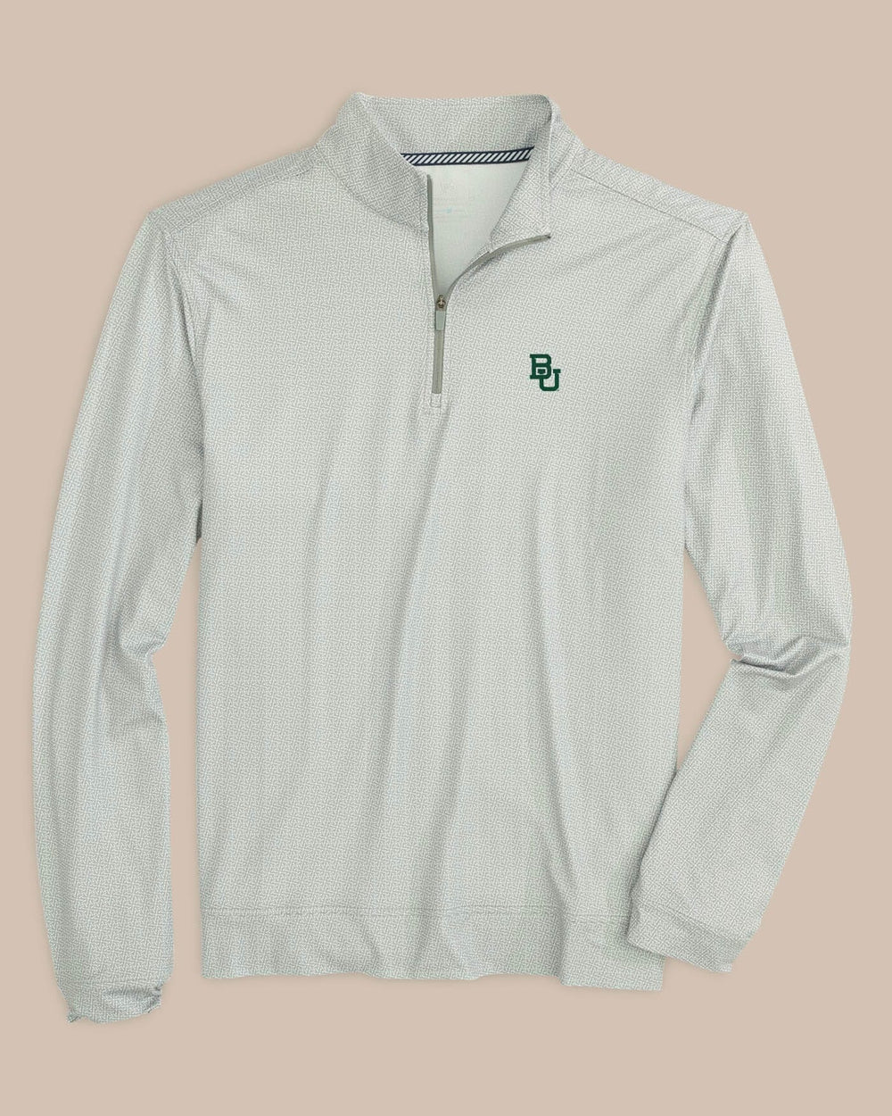 The front view of the Baylor Bears Pine Ridge Print Cruiser Quarter Zip Pullover by Southern Tide - Steel Grey