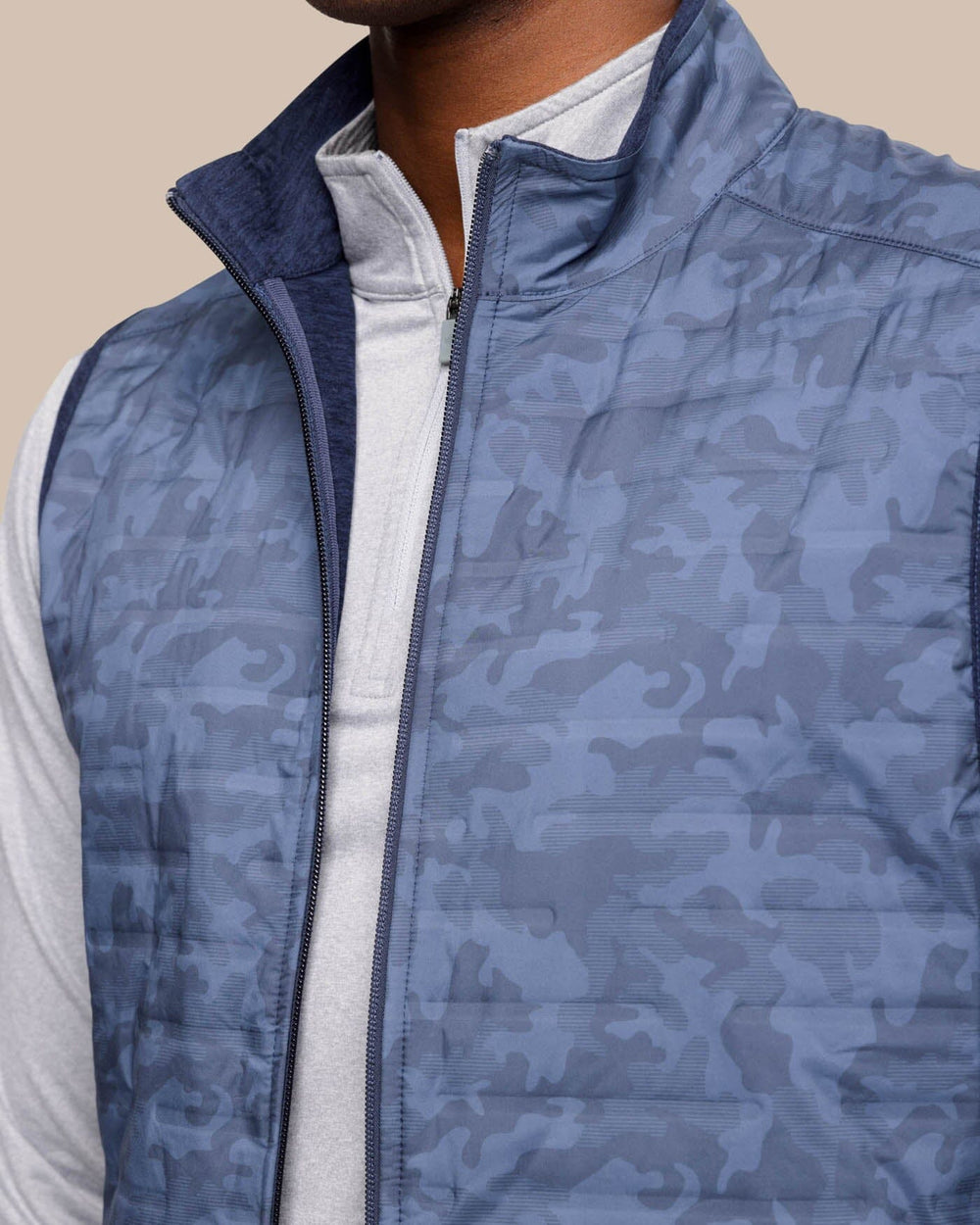 The front detail view of the Abercorn Camo Performance Vest by Southern Tide - True Navy