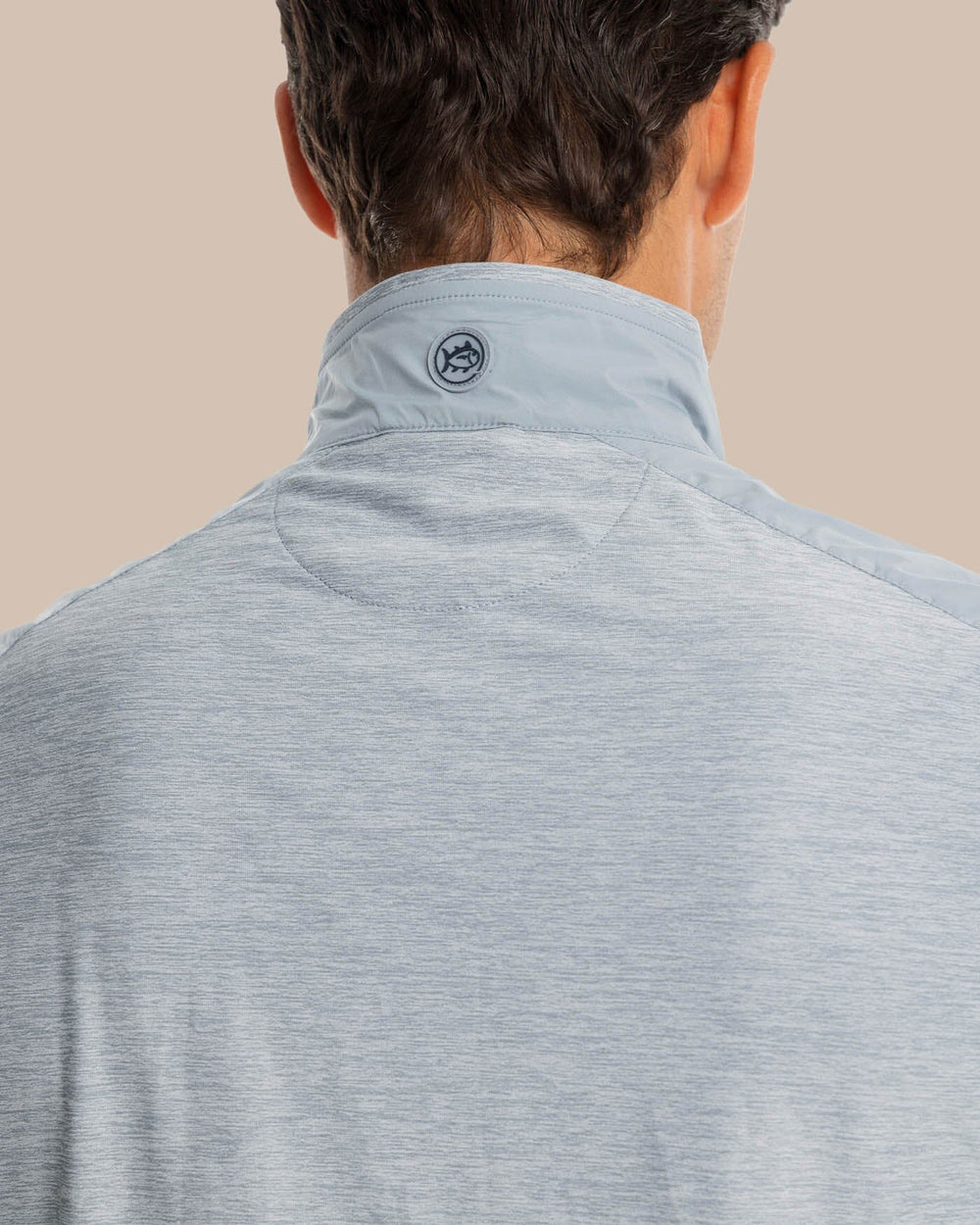 The model yoke view of the Men's Abercorn Performance Vest by Southern Tide - Gravel Grey
